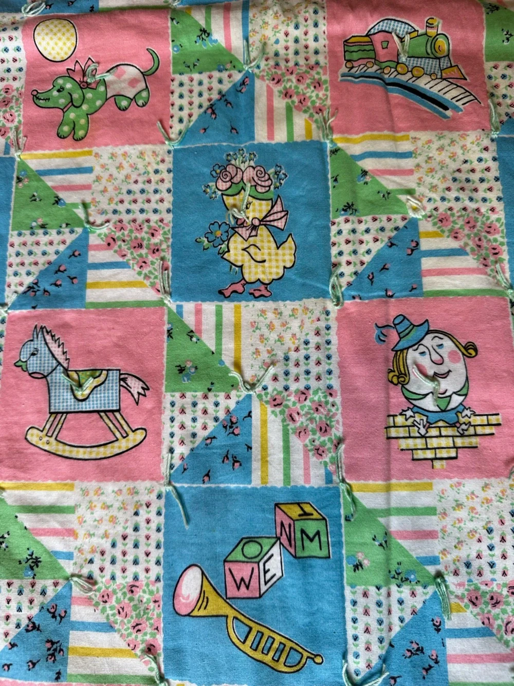 Vtg Baby Quilt Blanket 61.5” L  X 47” W Humpty Lamb Dog Train Doll Nursery Rhyme